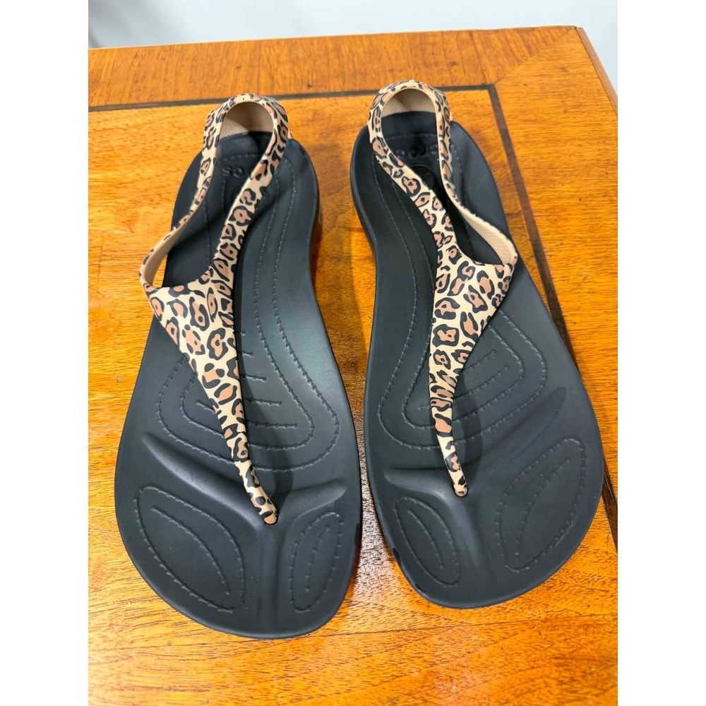 Crocs sexi Leopard Print Sandals Womens 9 Black Tan Animal Slingback Sandals